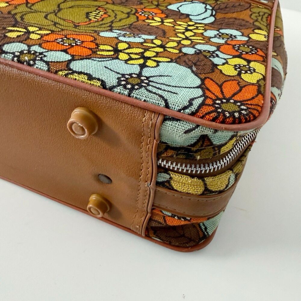 Vtg Brown Floral Print Medium Size Travel Bag From 1960-1970s Mod Flower Power - Picture 14 of 16